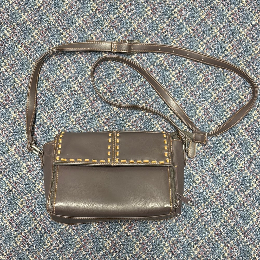 Preloved Compact Brown Crossbody Bag with Flap Closure